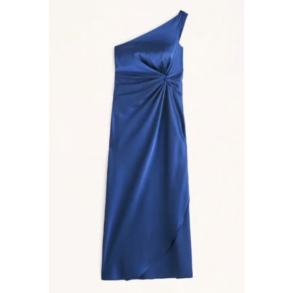 ABERCROMBIE AND FITCH a&f blue one shoulder satin knotted midi side slit dress